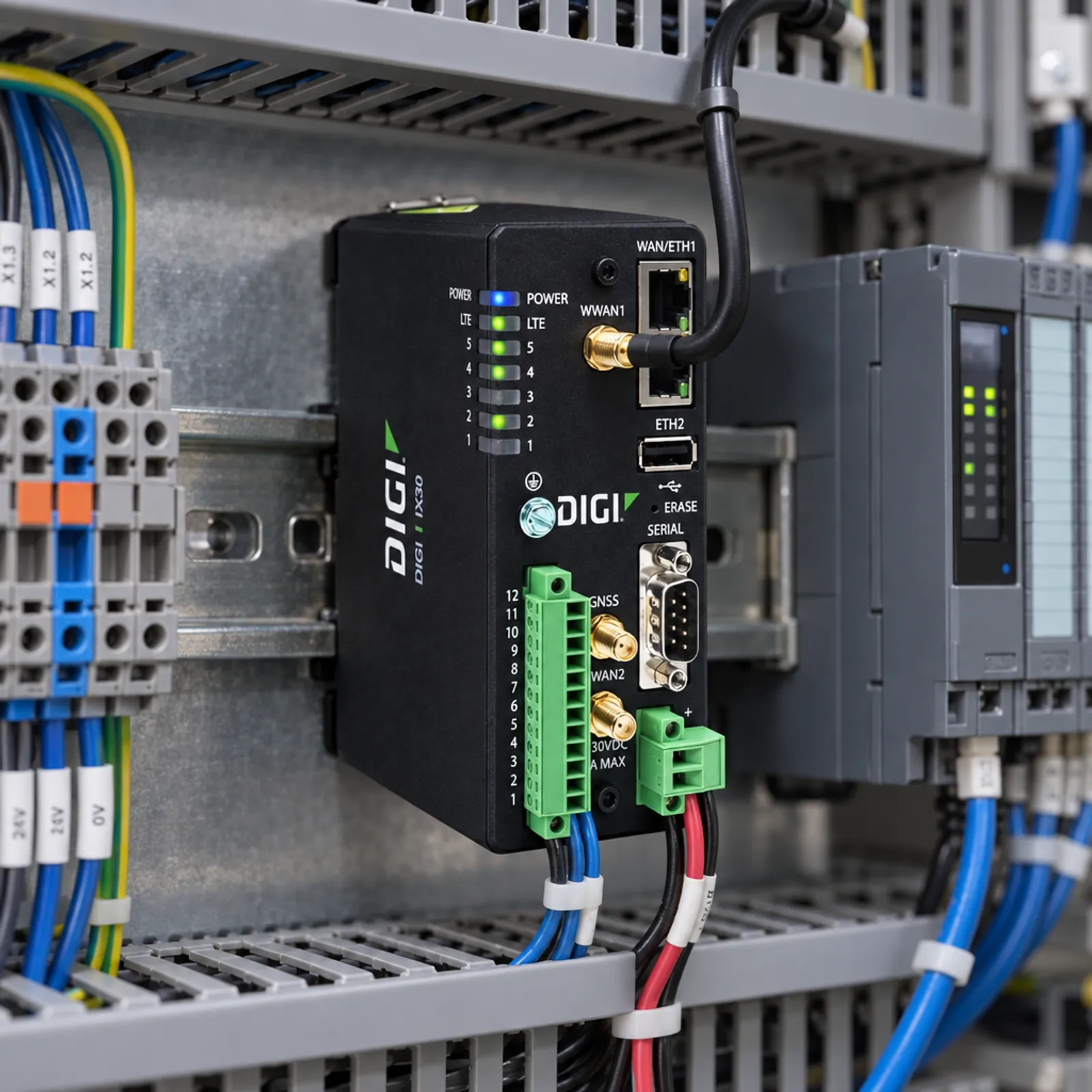 DIN-rail router inside a control cabinet
