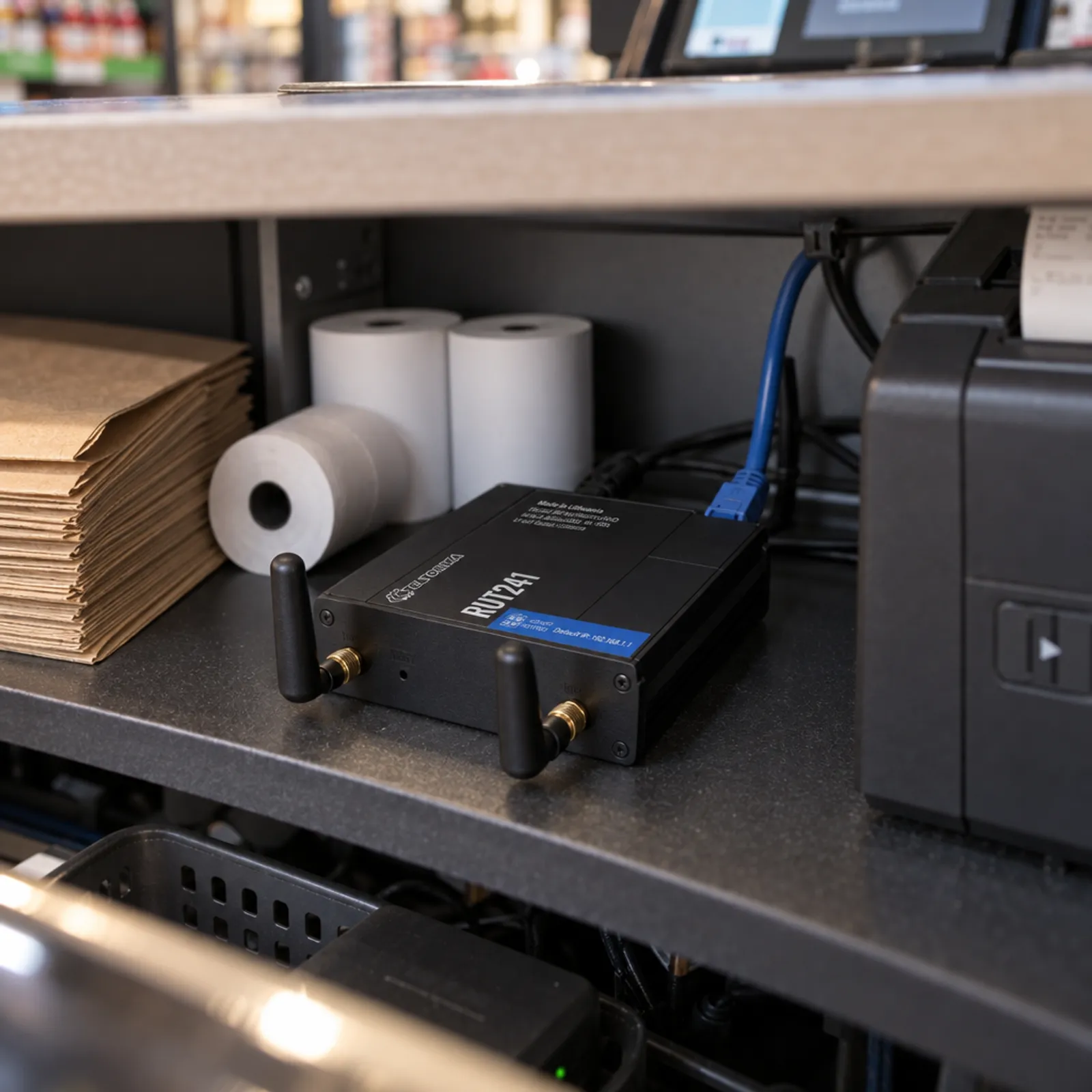 Compact router under the checkout counter