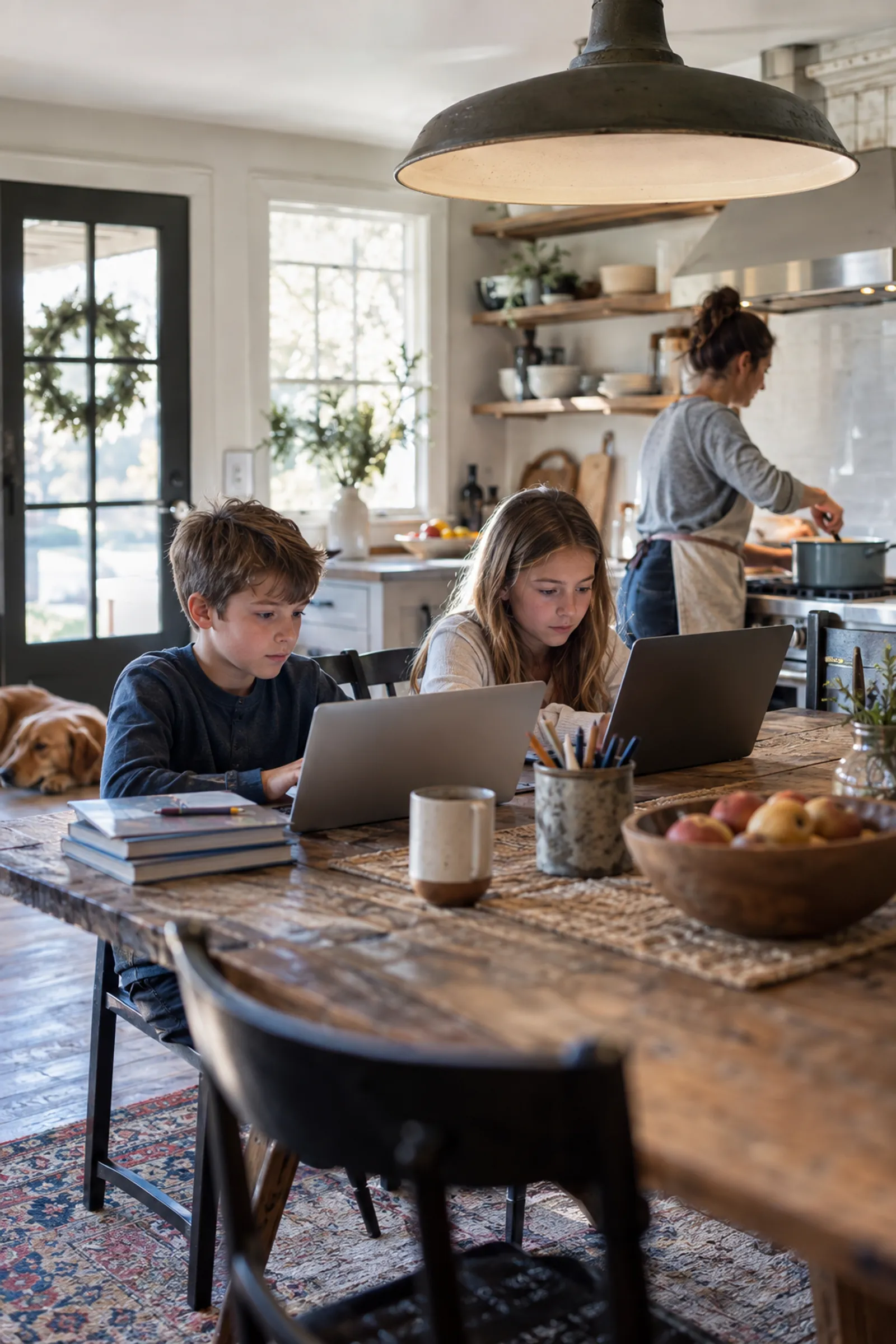 Kids doing online school in a farmhouse kitchen