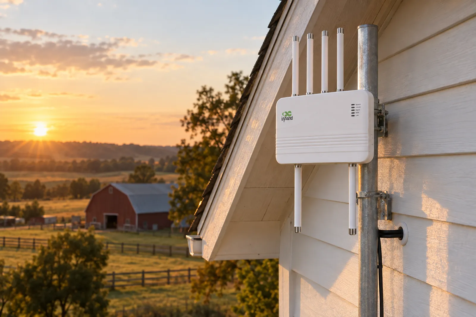 Farmhouse with an outdoor 5G unit mounted on the gable