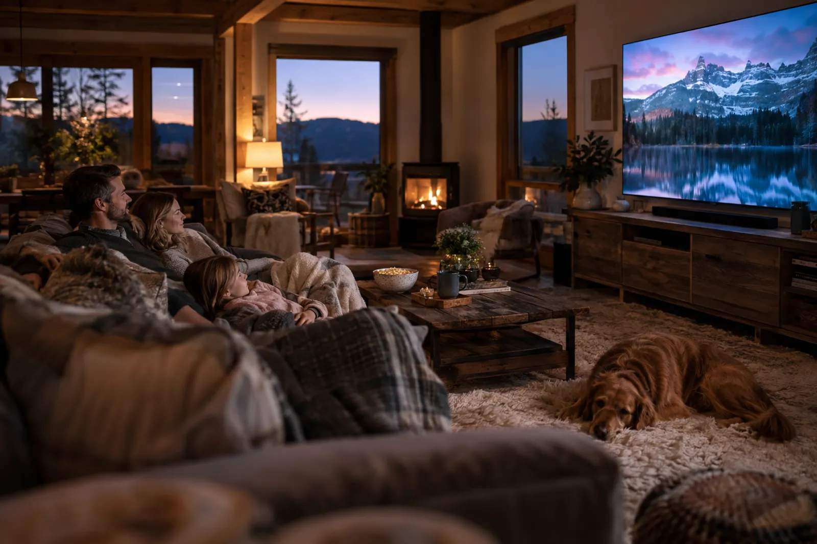 Family streaming a movie in a rural home