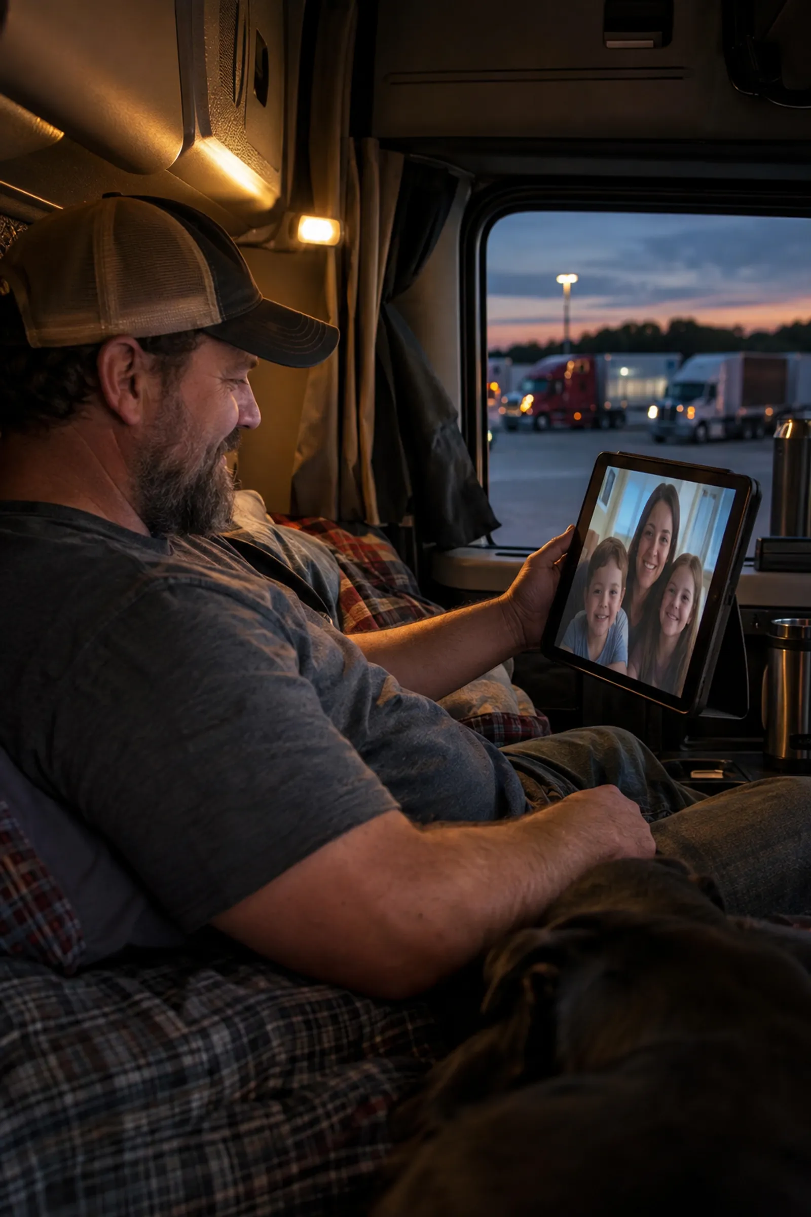 Trucker video-calling family from the sleeper cab