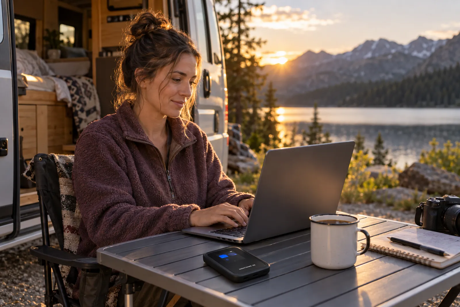 Working from a camper van at a lakeside campsite