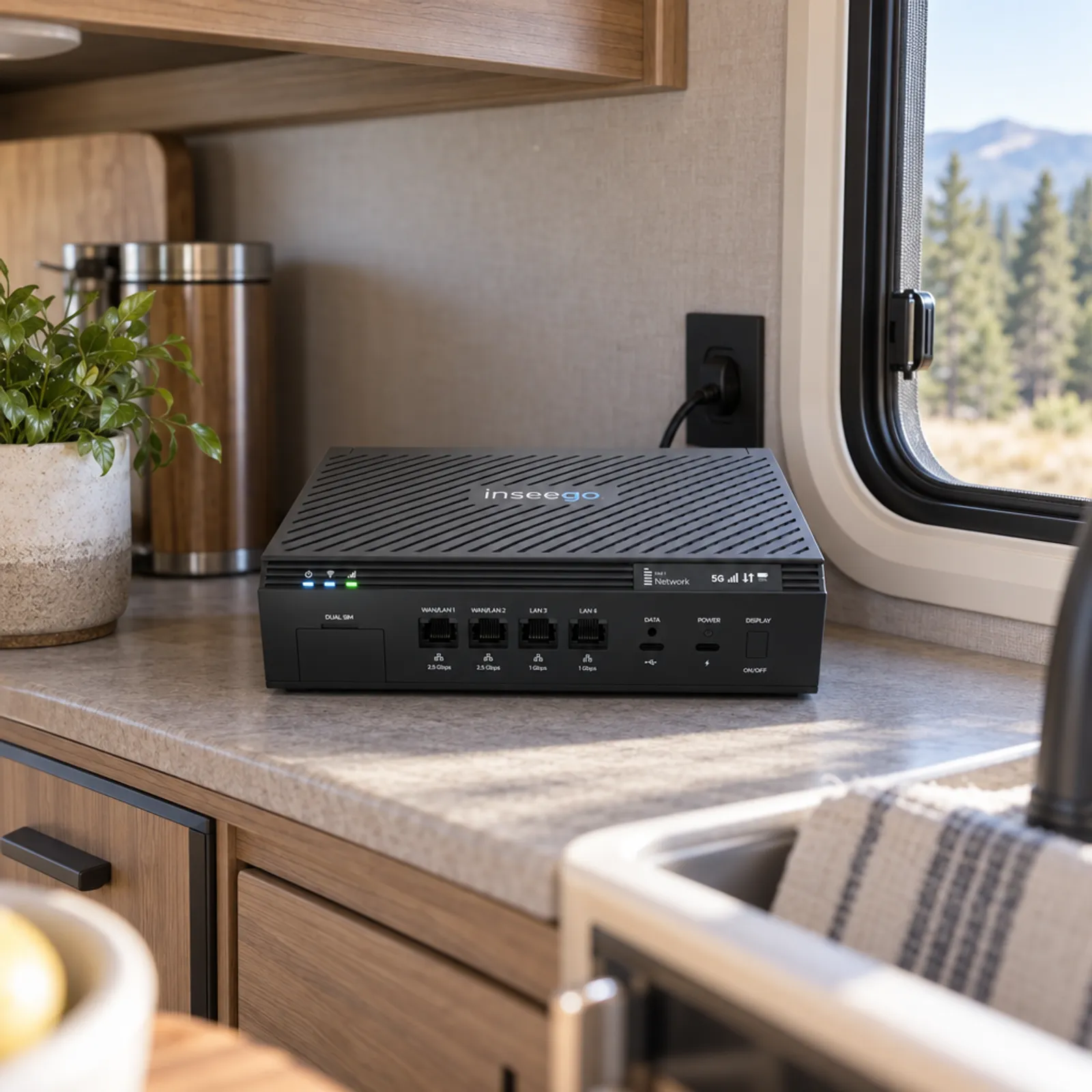 5G router on an RV cabinet shelf