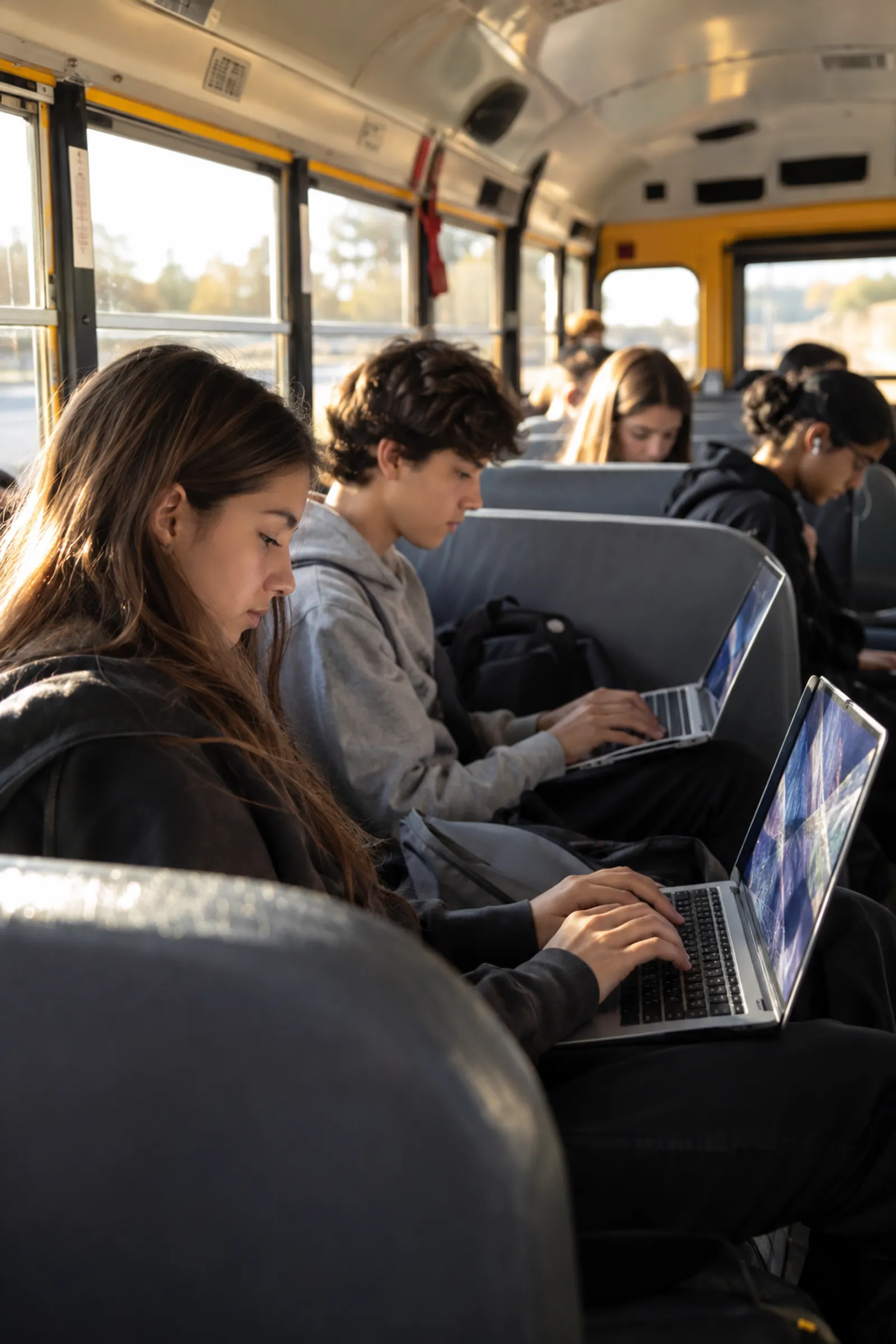 Students doing homework on a school bus