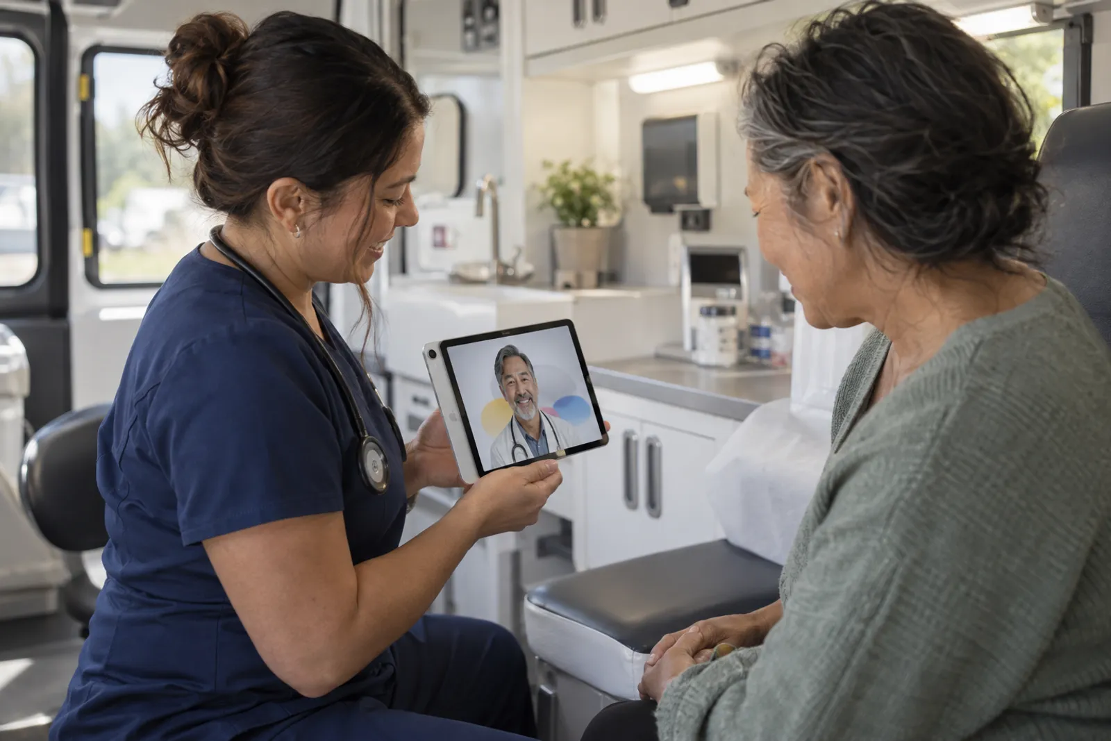 Nurse running a video consult in a mobile clinic