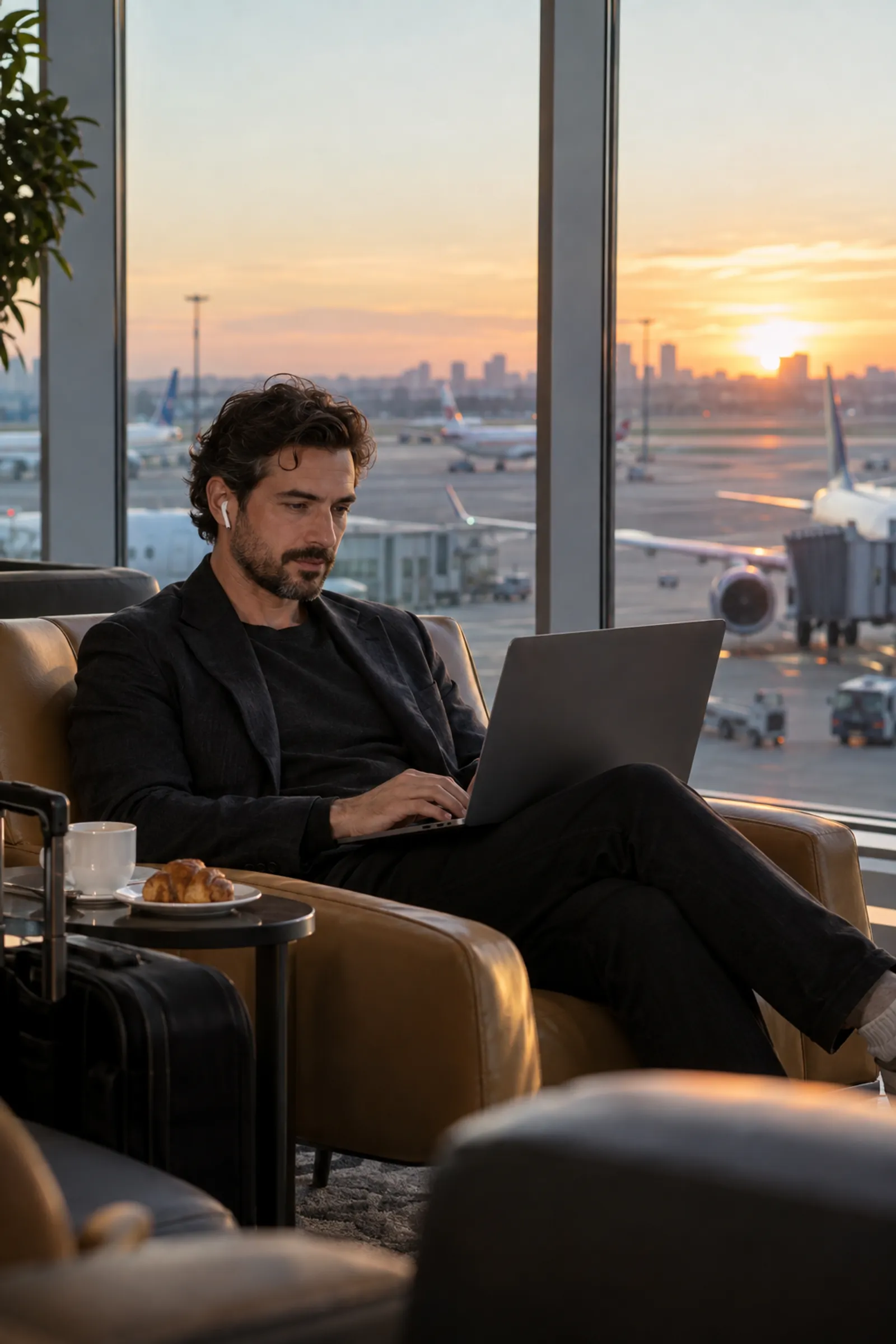 Working in an airport lounge
